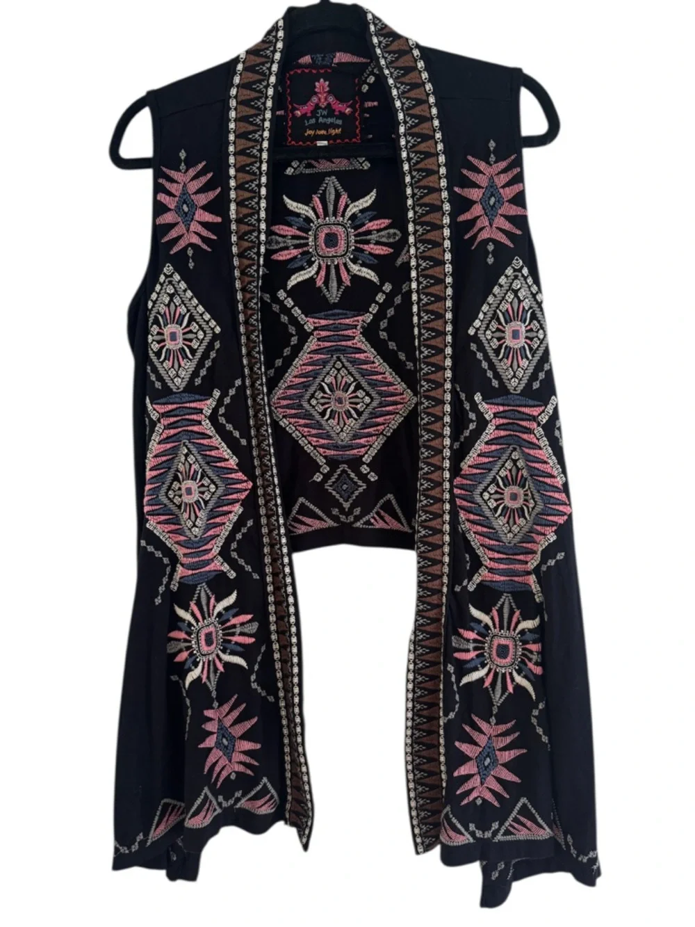 Johnny Was Vest Medium Geometric Gray Black Embroidered Joy Love Light
